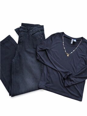 Black Wide Leg Studded Jeans + H&M Long Sleeve Top Set + Necklace